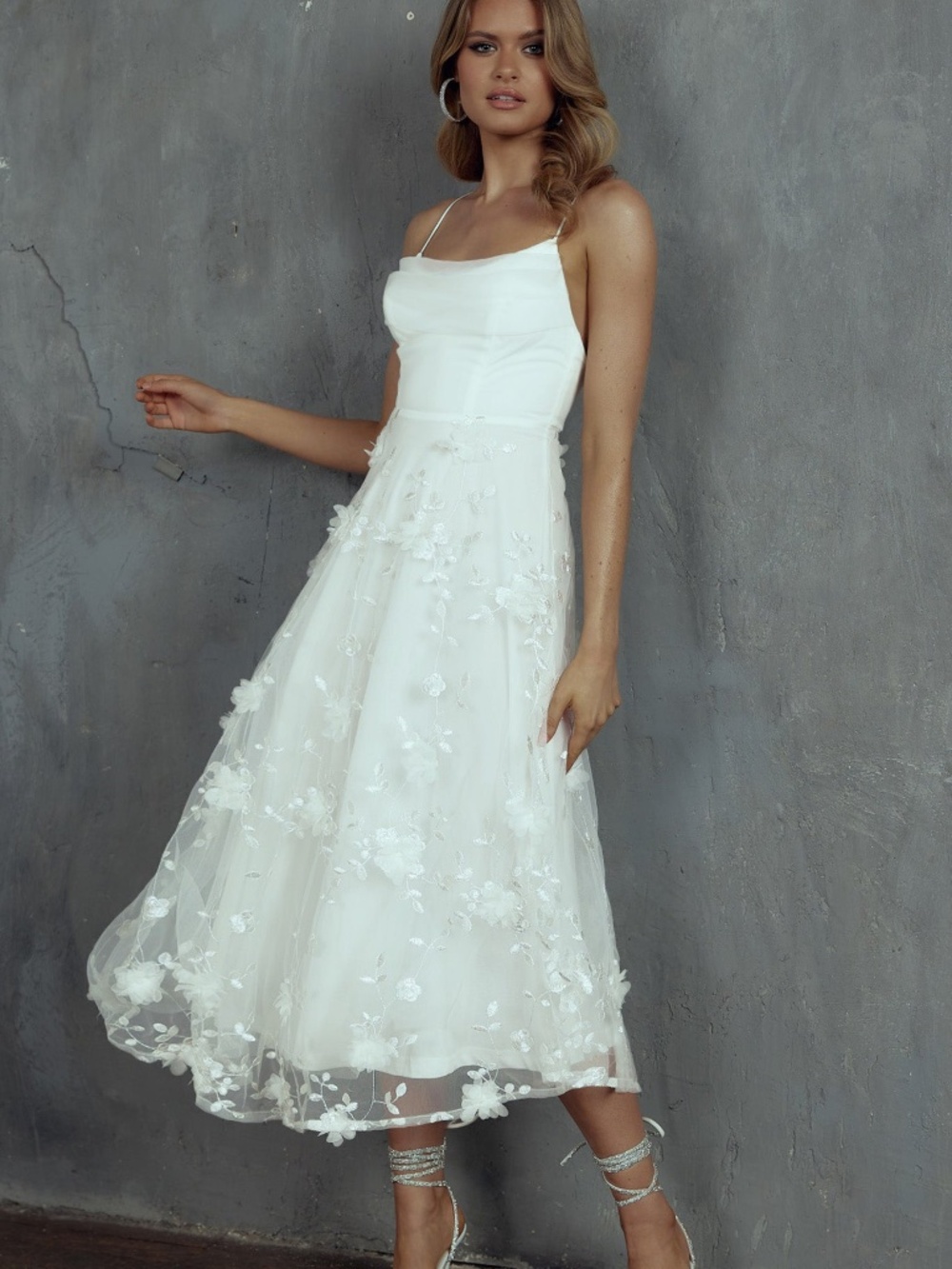 Selfie Leslie Floating By Pleated Neckline Mesh Midi Dress Embellished White